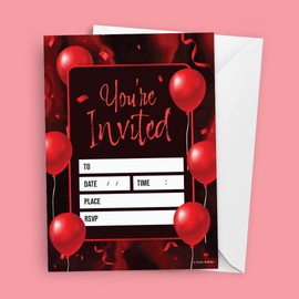Kirsten McMillan 32 Black Red Balloons Party Invites - Party Invitations Adult - A6 Birthday Party Invitations with Envelopes – Designed and Printed in the UK, 145x105mm
