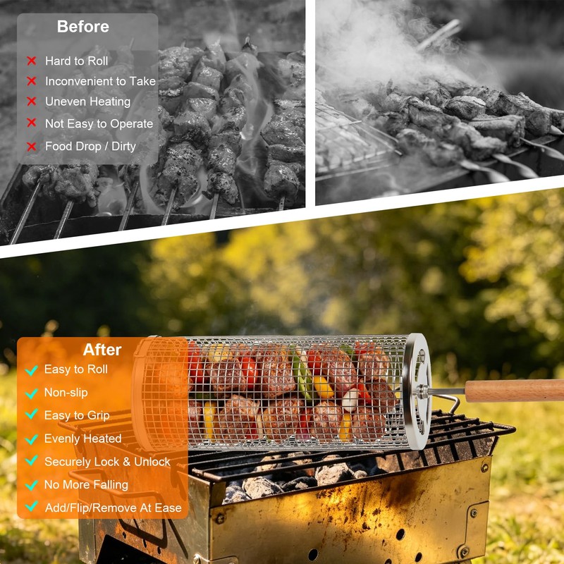 Rolling Grill Basket 2 Pack, 304 Stainless Steel BBQ Grilling