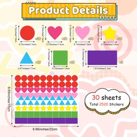 QFGasre 2520 Pcs Colored Shape Stickers, 7 Colors 6 Shapes Coding Labels Dot Stickers Heart Star Triangle Rectangle Square Shaped Sticky Labels for DIY Student Classroom Office Paper