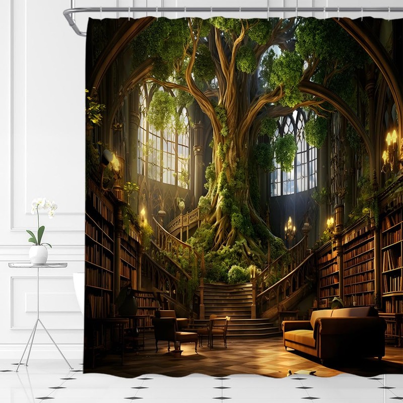 HYKHYK Library Shower Curtain Vinatge Bookshelf Magic Green Tree Forest