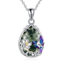 YFN Hummingbird Necklace for Women S925 Sterling Silver Moss Agate Hummingbird Flower Jewelry Memorial Gifts