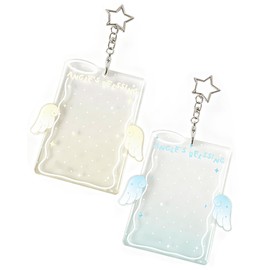 Angel Wing Photocard Holder Keychain 2 Pack- Clear Acrylic Photo Display and Badge Holder for Kpop, Student ID, Bus Card, and Credit Card (Blue Yellow)