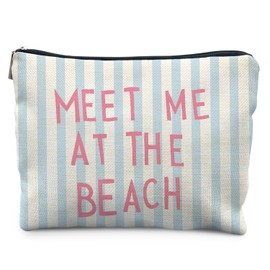 Likjad Coastal Beach Makeup Bag, Blue Striped Beachy Cosmetic Bags for Women, Meet Me at the Beach Girly Makeup Pouch, Ocean Themed Gift Zipper Pouch