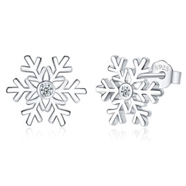 Zolkamery Christmas Silver Stud Earrings for Women Girls, 925 Sterling Silver Snowflake Studs Earring with Cubic Zirconia, 10mm Xmas Silver Cartilage Small Sleeper Stud Earrings Gift for Christmas Eve