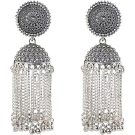 Efulgenz Antique Boho Oxidized Indian Earrings for Women Floral Round Stud Earrings with Chain Jhumka Jhumki Earrings Set Indian Oxidized Jewelry Dangle Earrings Bohemian Statement Jewelry for Women,