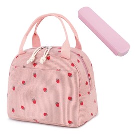 1 x Strawberry Lunch Bag, 1 x Portable Utensil Box, Cute Lunch Bag for Children, Portable Lunch Bag, Corduroy Lunch Bag with Large Capacity, Insulated Outdoor Lunch Bag
