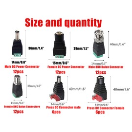 Yrhrol 60 Pcs 12V 5.5mm x 2.1mm Female Male DC Power Connector, BNC Male Balun Connector &No Screws DC Connector for Led Strip CCTV Security Camera Cable Wire Ends Plug Barrel Adapter