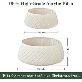 Knitted Christmas Tree Collar: Cream White Crossed Diamond Cable Knit Full-Cover Crochet Tree Ring, Rustic Thick Christmas Tree Base Cover for Artificial Trees Xmas Farmhouse Holiday Home Decor Gifts