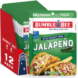 Bumble Bee Jalapeno Seasoned Tuna Pouch - Wild Caught and Ready to Eat for Snack, Salad, Korean Tuna Bowl - 14g Protein per Serving - PERFECT, PORTABLE, GOODNESS - 2.5 oz Packet (Pack of 12)
