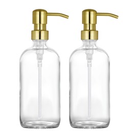 2 Pack Thick Clear Glass Pint Hand Soap Dispenser Bathroom with Gold Stainless Steel Pump, 16ounce Clear Boston Round Bottles Dispenser with Rustproof Pump for Kitchen Dish, Lotion Soap