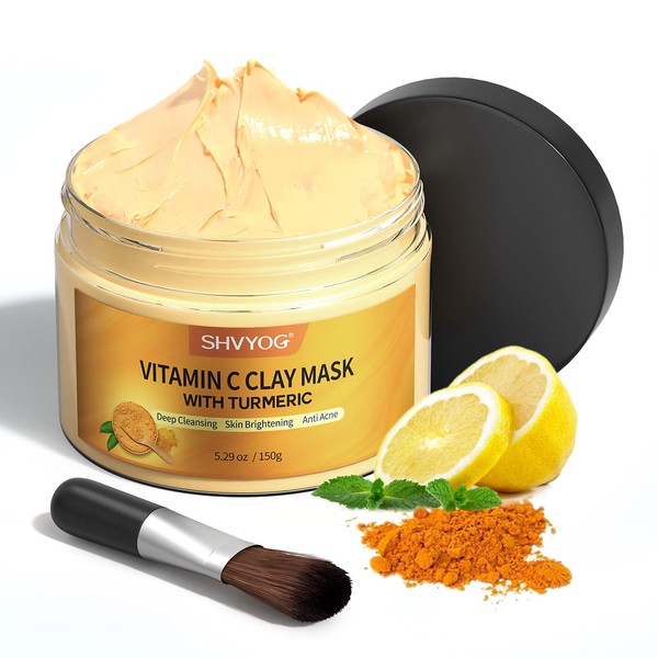 SHVYOG Turmeric Vitamin C Clay Mask, Vitamin C Clay Facial Mask with Kaolin Clay and Turmeric for Dark Spots, Skin Care Turmeric Face Mask for Controlling Oil and Refining Pores 5.29 Oz