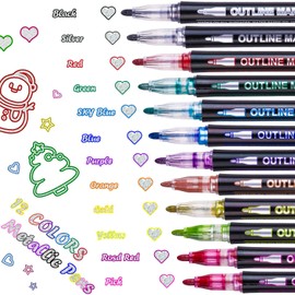 LOKIPA 12 Colors Markers Metallic, Shimmer Markers Outline Double Line Metallic Pens Set Outline Pens for kids ages 8-12 Shimmer Glitter Pens Set for Birthday Greeting, DIY Art Crafts, Scrap Booking