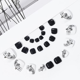 Vatocu Shiny Artificial Toenails Short Black White Artificial Toenails Leaves Artificial Press on Toenails Acrylic Stick on Nails for Women and Girls (Pack of 24)