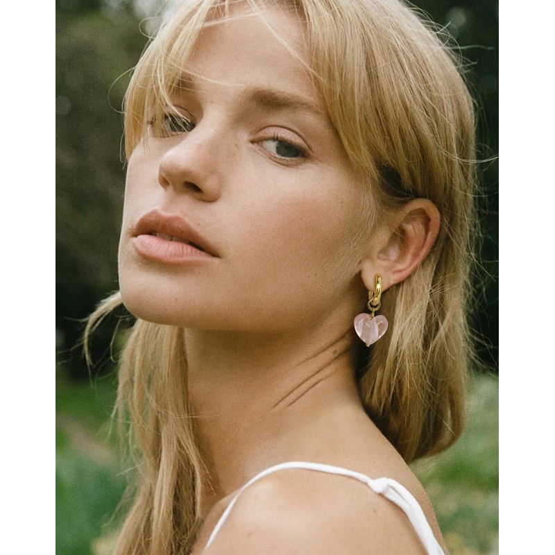 INNERDIVA Pink Heart Earrings, Gold Hoop Earrings with Pink Heart