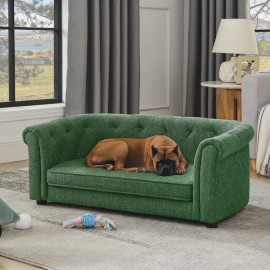 Pet Sofa with Arc-shaped Backrest and Armrests, Contemporary Rectangular Pet Sofa Crafted From Breathable LinenColor: Green + Foam