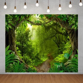 10x8ft Jungle Backdrop Enchanted Forest Tropical Fairytale Rinforest Natural Scenery Photography Background Kids Safari Birthday Party Decoration Photoshoot Photo Booth Props
