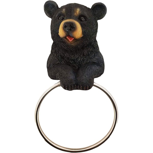 DWK Black Bear Wall Mounted Towel Ring | Cabin Decorations and Hunting Kitchen Decor | Bathroom Hand Towels Holder Bear Cabin Accessories Bath Ring - 8"