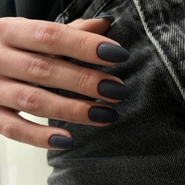 Uñas postizas acrílicas cortas y ovaladas, color negro mate, color sólido, reutilizables, redondas, gruesas, con pegamento, almendra mediana, de gel s