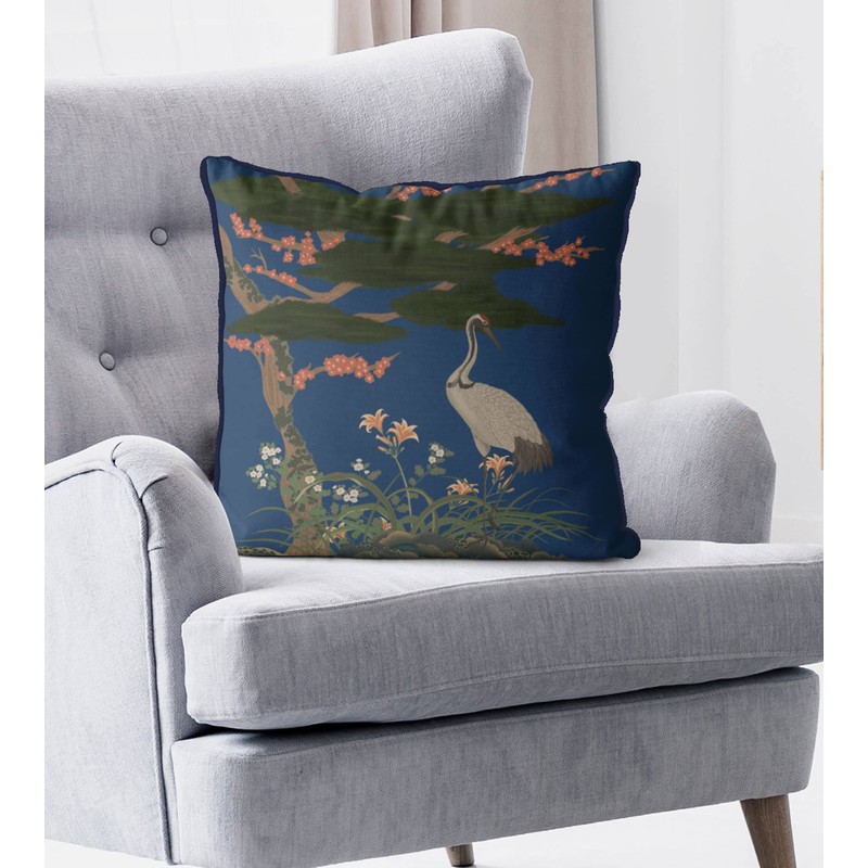 Kelly Stevens-McLaughlan, Crane Garden 2 Chinoiserie on Blue Cushion /