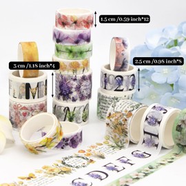 Ieebee 24 Rolls Washi Tape Set - Floral Alphabet Themed Decorative Masking Tape, Adhesive Artists Tape for Journaling Supplies, DIY Craft, Scrapbooking Supplies, Gift Wrapping, School Supplies