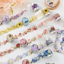 Amexo 6 Rolls Flowers PET Washi Tape, Floar Decorative Washi Masking Tape, Transparent Scrapbook Stickers, Vintage Washi Tapes, Decorative Tape for Bullet Journal, Scrapbook Accessories