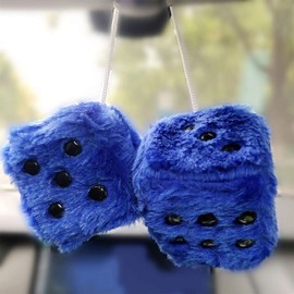 Pair 2.4” of Retro Mirror Fuzzy Plush Dice Car Pendants,Interior Rearview Mirror Dice Decoration,Car Accessories Interior Aesthetic Square Hanging Accessories (Blue)