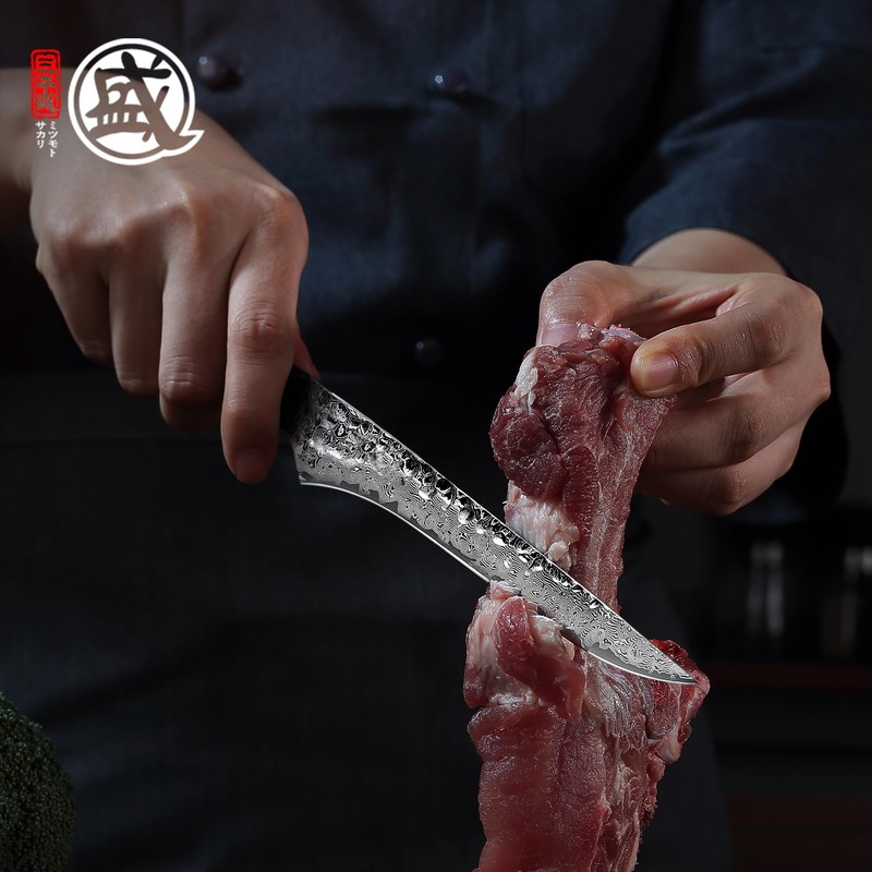 MITSUMOTO SAKARI Japanese Boning Knife, Hand-Forged Damascus Kitchen Knives