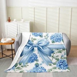Erosebridal Romantic Floral Bow Blue Butterfly Knot Tie Flannel Blanket Queen Inch, Fairy Fleece Throw Blanket Garden Botanical Flowers Microfiber Living Room Decor