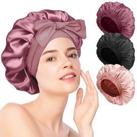 3 Piezas Gorro de Seda para Dormir, Gorro de Pelo Rizado de Satén Ajustable, Gorro de Dormir de Noche con Banda Elástica, Ideal para Dormir, Ducha y Belleza (Negro + Oro rosa + Rosa frijol)