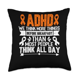 Cute Orange Ribbon Graphic & More ADHD We Think More Things Awareness Orange Ribbon Graphic Throw Pillow, 18x18, Multicolor