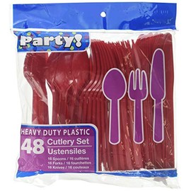 Red Assorted Disposable Cutlery, 48 Piece Set, 16 Spoons, 16 Forks, 16 Knives