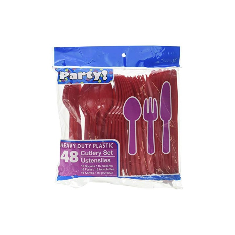 Red Assorted Disposable Cutlery, 48 Piece Set, 16 Spoons, 16