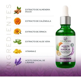 Naturalness - Aceite Relajante para Masaje Relajación Profunda 30 ml – Aceite Corporal con Almendra, Árnica, Caléndula y Aloe Vera, con Vitamina E y Aceite Esencial de Lavanda – Aromaterapia Antiestrés