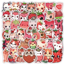 50 Pcs Strawberry Cat Stickers,Cat Graffiti Stickers,Vinyl Waterproof Sticker for Kids Teens Girls,for Phone Laptop Water Bottles Skateboard Computer Luggage Guitar Car Gifts Sticker