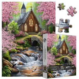 Nature Landscape Puzzles for Adults 1000 Pieces, Jesus Christian Church Flower Cherry Blossoms Flower Jigsaw Puzzles, Forest Tree Plant Bird Puzzles Scenic for Adults