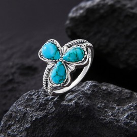 Plesitep 925 Sterling Silver Created Turquoise Rings for Women 3 Leaf Clover Statement Ring Heart Blue Lucky Jewelry for Her Size 10