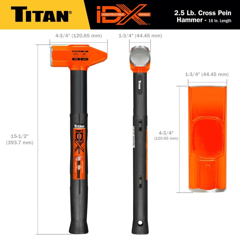 Titan iDX 63620 2.5lb Cross Pein Hammer, Blacksmith Tool with