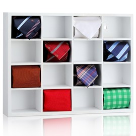 Wesiti Tie Box Organizer Wall Mounted Tie Rack with 16 Compartments Bamboo Belt Holder for Men Scarf Necktie Home Wall Closet(White Color,1 Piece)
