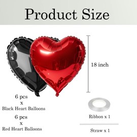 18 Inch Black Red Heart Balloons, 12 Pcs Heart Foil Mylar Balloons, Black Red Birthday Decoration, Love Balloons Valentine Balloons for Birthday Party Wedding Baby Shower Valentines Day Decorations