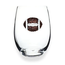 THE QUEENS' JEWELS Football - Brown and White - Jeweled Stemless Wine Glass, 21 oz. - Unique Gift for Women, Birthday, Cute, Fun, Not Painted, Decorated, Bling, Bedazzled, Rhinestone