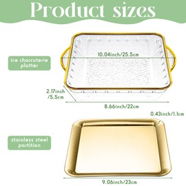 Baderke 2 Sets 9" Chilled Serving Tray for Parties with Compartments Square Ice Chilled Charcuterie Party Platter Serving Cold Dish for Shrimp Fruit Seafood Vegetable Appetizer Dish (Gold)