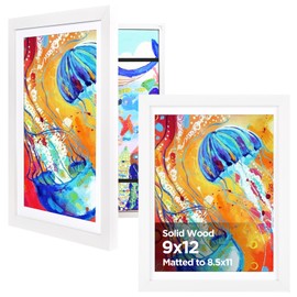 KINLINK 9x12 Kids Art Frames Set of 2, Solid Wood Kids Artwork Frames Changeable with Acrylic Front Opening Holds 150 Pictures, Art Frames for Kids Artwork with Mat or without Mat, White
