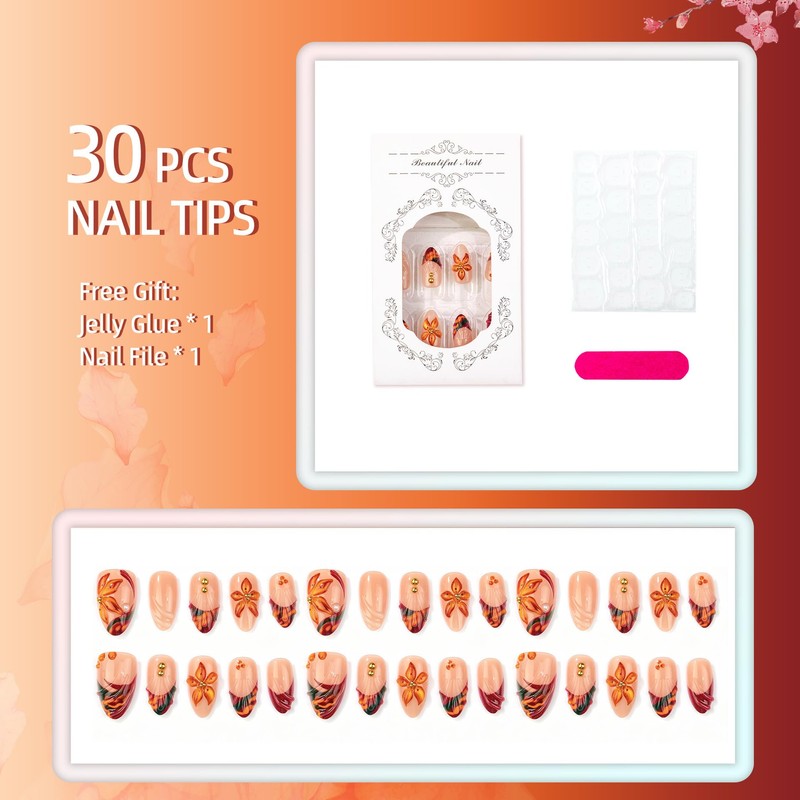 Thanksgiving Press on Nails Medium Almond Fake Nails 5D Brown