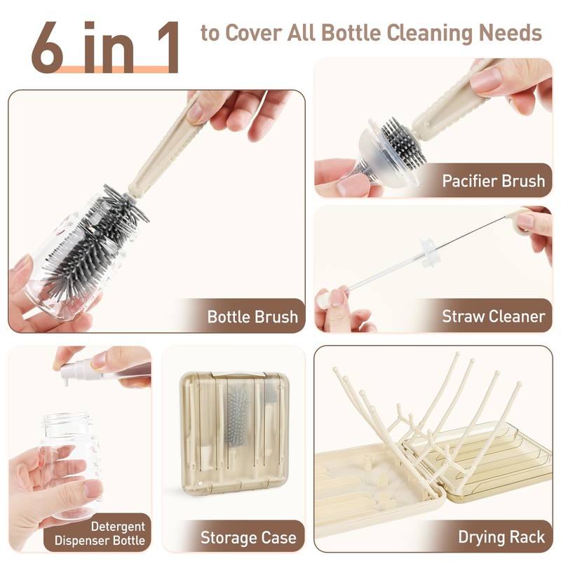 Baby Bottle Brush Set, 6-in-1 Travel Bottle Cleaning Kit with