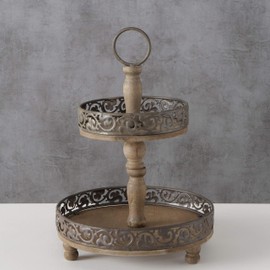WHW Whole House Worlds Round 2 Tier Stand, Cupcake Display Trays, Vintage Farmhouse Style, Handle, Wood and Metal, Rustic Nut Brown, 11.75 D x 17.75 H Inches (H 45 cm)