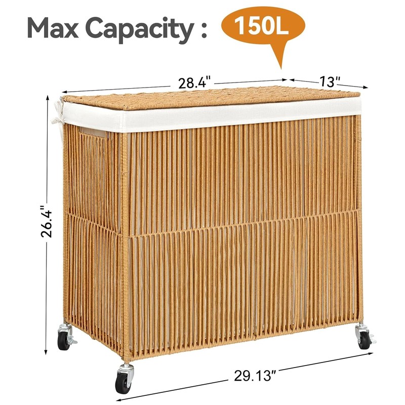WOWLIVE Laundry Hamper with Wheels, 160L Handwoven Rolling Laundry Basket