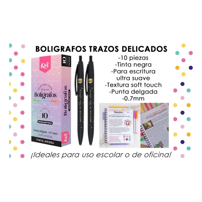 Bolígrafos Kiut Soft Touch Negros, Pack de 10, Trazo Medio