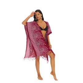 Beautybatik Maroon Women HIPPIE Gypsy Boho Printed Kimono Cardigan Shawl Wrap Swimsuit Cover Up Jacket One Size