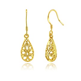 Elaximn 14K Gold Plated Teardrop Filigree Dangle Earrings - Hypoallergenic Minimalist Celtic Boho Earrings for Trendy Women