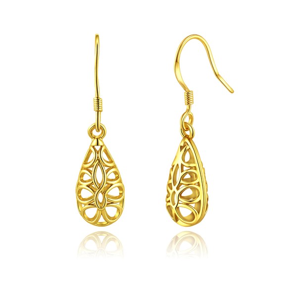 Elaximn 14K Gold Plated Teardrop Filigree Dangle Earrings - Hypoallergenic